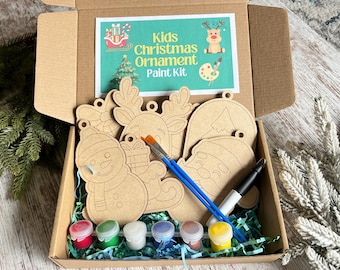 Kids Christmas Ornament Paint Kit – 7 Piece DIY Wood Craft Set for Kids, Holiday Art Activity, Stocking Stuffer, Christmas Craft Kit
