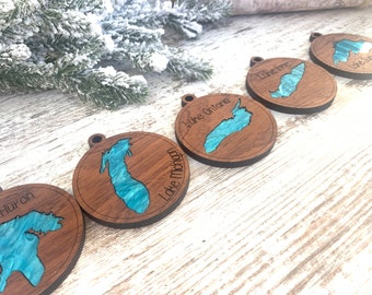 Great Lakes Ornaments, Custom, Superior, Huron, Erie, Ontario, Michigan, Stocking Stuffer, Christmas, Lake House, Lake Life, Gift Exchange
