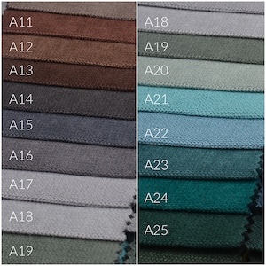 Peut inclure: Image de nuanciers de tissus d'ameublement, &eacute;tiquet&eacute;s de A11 &agrave; A25. Les &eacute;chantillons pr&eacute;sentent une gamme de couleurs allant du marron et gris au turquoise et vert. Le tissu a un aspect textur&eacute;, id&eacute;al pour le rembourrage.