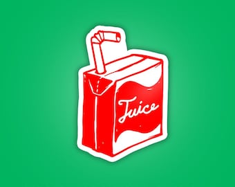 May include: A 7.6 cm vinyl sticker featuring a red juice box illustration with a white straw and the word Juice written in white script. The sticker is waterproof and dishwasher safe, presented against a solid green background.