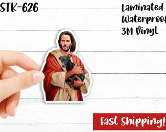 Keanu Reeves Jesus Holding Dog - Funny Sticker Waterproof Laminated Vinyl