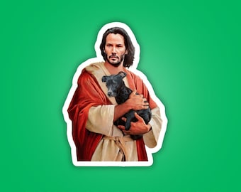 May include: A 3-inch vinyl sticker featuring a depiction of a man with long dark hair and a beard, wearing a red and beige robe, holding a small black dog. The text 3" VINYL STICKER and WATERPROOF & DISHWASHER SAFE is printed on the green background.