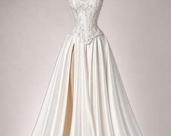 Haute Couture Wedding Dress: Embroidered Corset and Satin Skirt with Side Slit