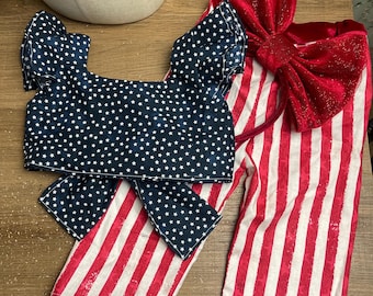 Girls 4th of July 3-Piece Outfit - Handmade Stars and Stripes Set - Patriotic Crop Top with Bow Back, Striped Leggings & Headband