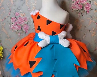Caveman Dress for Girl in Orange and Turquoise - Stone Age Themed Birthday Costume - Suit with 3D Bone and Tulle Skirt - Handmade Prehistori