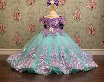 Ensueño del Mar Gala Dress: Turquoise and Lavender with Floral Appliques and Pearls