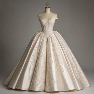 Puede incluir: Un vestido de gala de hombros descubiertos en color marfil con un corpiño ajustado de intrincado bordado de encaje y una falda voluminosa de satén hasta el suelo con paneles plisados y detalles de encaje vertical desde la cintura.