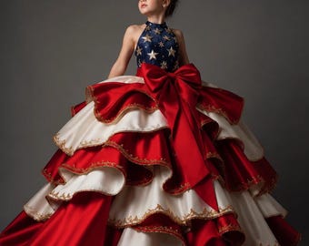 Luxuriöses, patriotisches Galakleid für Mädchen – Haute Couture „Majestic Star“-Design – Sonderedition für den 4. Juli und andere festliche Anlässe