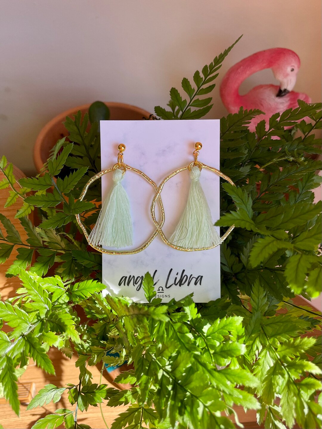 Circular Frame Hoop Green Tassel Drop Earrings Mum Sister Etsy