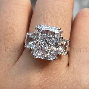 4 CT Radiant Cut Three Stone Moissanite Diamond Engagement Ring, 14k Gold Plated Trapezoid Cut Side Stone Wedding Ring, Anniversary Gift