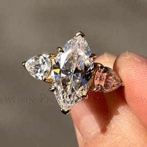 Marquise Moissanite Engagement Ring With Pear Side Stones, Three Stone Silver 925, Gold Plated Promise Anniversary Gift for Her