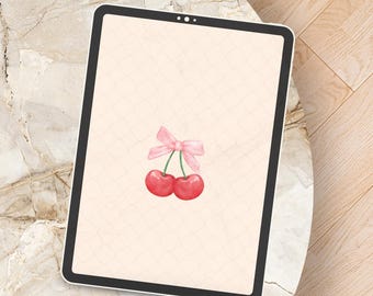 Cherry Coquette iPad Wallpaper | Aesthetic Pink Bow Lock Screen Background | Y2K Soft Girl Cute Digital Download | Ipad wallpaper