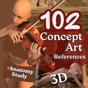 Op de afbeelding: Een digitale illustratie met een kaal figuur dat een bruine houten viool bespeelt, met de tekst 102 Concept Art References +Anatomy Study 3D. Een tweede kleiner figuur is onderaan zichtbaar, met een zilveren gebogen mes tegen een bruine achtergrond.