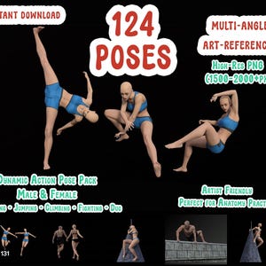 Könnte beinhalten: Digitales Kunst-Referenzpaket mit 124 dynamischen Action-Posen für männliche und weibliche Figuren. Das Bild zeigt Figuren in verschiedenen Posen, wie Laufen, Springen, Klettern und Kämpfen. Hochauflösende PNG-Dateien zum sofortigen Download verfügbar.