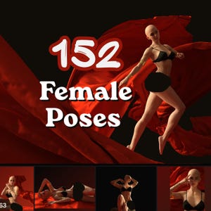 Puede incluir: Una colección digital de 152 poses femeninas con una figura calva en top de bikini negro y parte inferior negra, sobre un fondo de tela roja fluida. El texto 152 Female Poses se muestra en blanco con un contorno de color rojo oscuro.