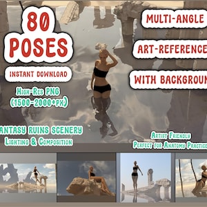Paquete de referencia de poses de ruinas de fantasía: 80 poses (masculino y femenino) / Referencias artísticas multiángulo con fondo / Práctica de iluminación y composición