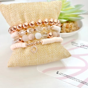 Peach, White Heishi, Pink Aventurine, Clear Quartz & Rose Gold Hematite Heishi Bracelet,  Alphabet Bead Heishi Four Bracelet Stack