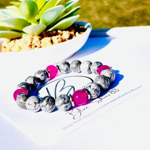 Gray Map Jasper & Magenta Jade Healing Stones Bracelet