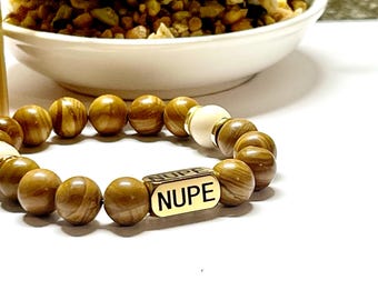 Kappa Alpha Psi  Beaded Bracelet:  White Turquoise , Natural Wood with Gold Charm