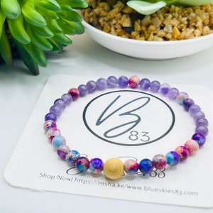 Protection, Calming, Love, & Inner Peace Amethyst, Galaxy Sea Sediment Imperial Jasper, Sandalwood Diffuser Bracelet Set