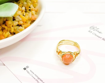 Peach Sunstone Gold Wire Wrapped Ring