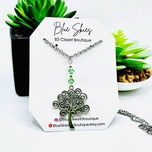 Tree of Life, Green Swarovski Crystal Necklace Snake Chain Necklace, Silver Necklace, gift for her