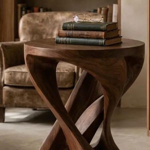 Könnte beinhalten: Ein runder Beistelltisch aus Holz mit dunkelbraunem Finish und einem skulpturalen, gedrehten Fuß. Drei gebundene Bücher liegen auf der flachen, runden Tischplatte, darauf liegt eine dünne Metallbrille auf dem obersten Buchdeckel.