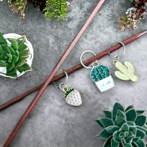 Può includere: Tre marcatori di punto colorati con un design a cactus, fragola e pianta in vaso. I marcatori sono attaccati a un paio di ferri da maglia in legno.