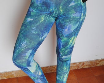 Leggins brasiliani originali, fantasia foresta tropicale multicolore. Abbigliamento sportivo donna