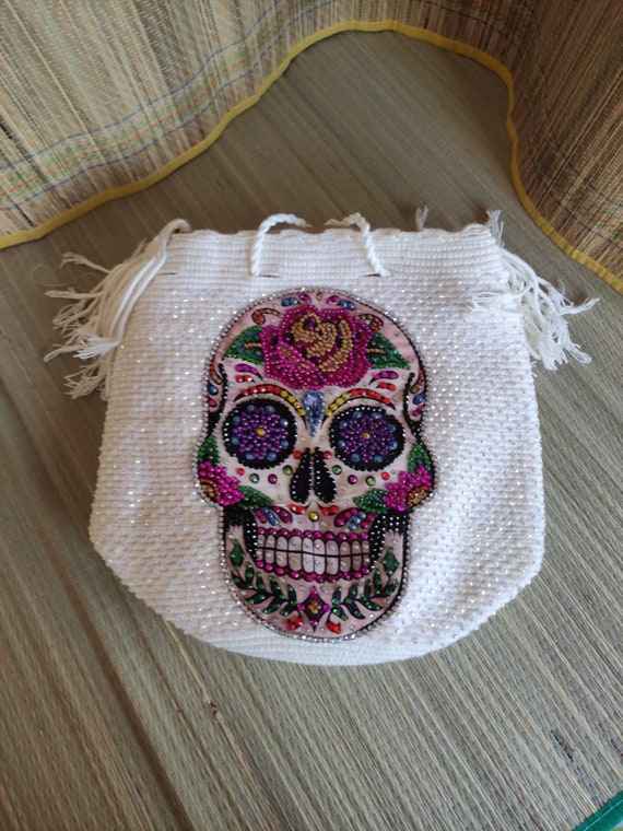 Embroidered Sugar Skull With Trim Wristlet-Purple Embroidered Sugar Skull With Trim Wristlet-Purple