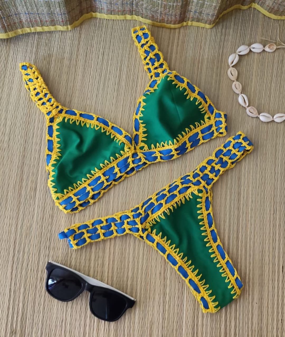Doublesided Brazilian Assikini Bikini, Handmade Crochet. Multicolored Swimsuit Set. Women's