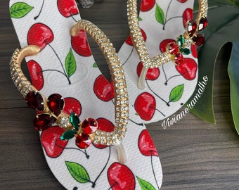 Havaianas personalized slippers decorated by hand with decorative stones and crystals, cherry pattern, women&#39;s beachwear
