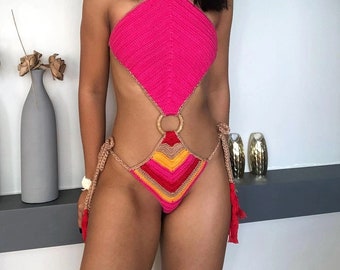 Tropicalia Brazilian trikini, original handmade crochet, fuchsia and multicolored striped swimsuit, women's beachwear