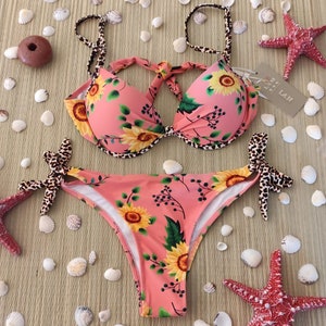 Pink Bikini with Sunflowers, Multicolor Swimsuit Set, Women&#39;s Beachwear