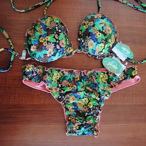 Original double-face Brazilian bikini, floral pattern and solid salmon pink color, multi-colored swimsuit set, beachwear