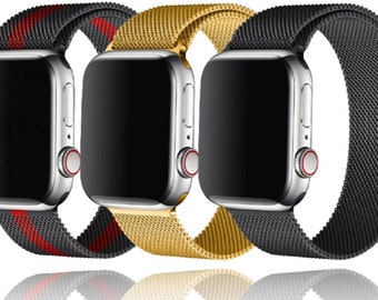 Bracelets en métal maillé en acier inoxydable compatibles avec les Apple Watch séries 8,7,6,5,4,3,2,1 et SE - tailles iWatch 38,40,41,42,44 et 45 mm