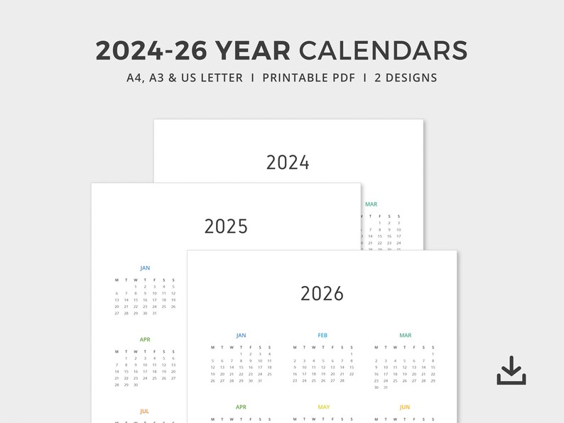 2024 2026 year calendar pdf printable pdf year to view calendar rainbow