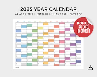 Może przedstawiać: Drukowany kalendarz na rok 2025 w formatach A4, A3 i letter. Kalendarz jest zakodowany kolorami według miesięcy, każdy miesiąc ma inny kolor. Kalendarz jest również do wydrukowania i wypełnienia.
