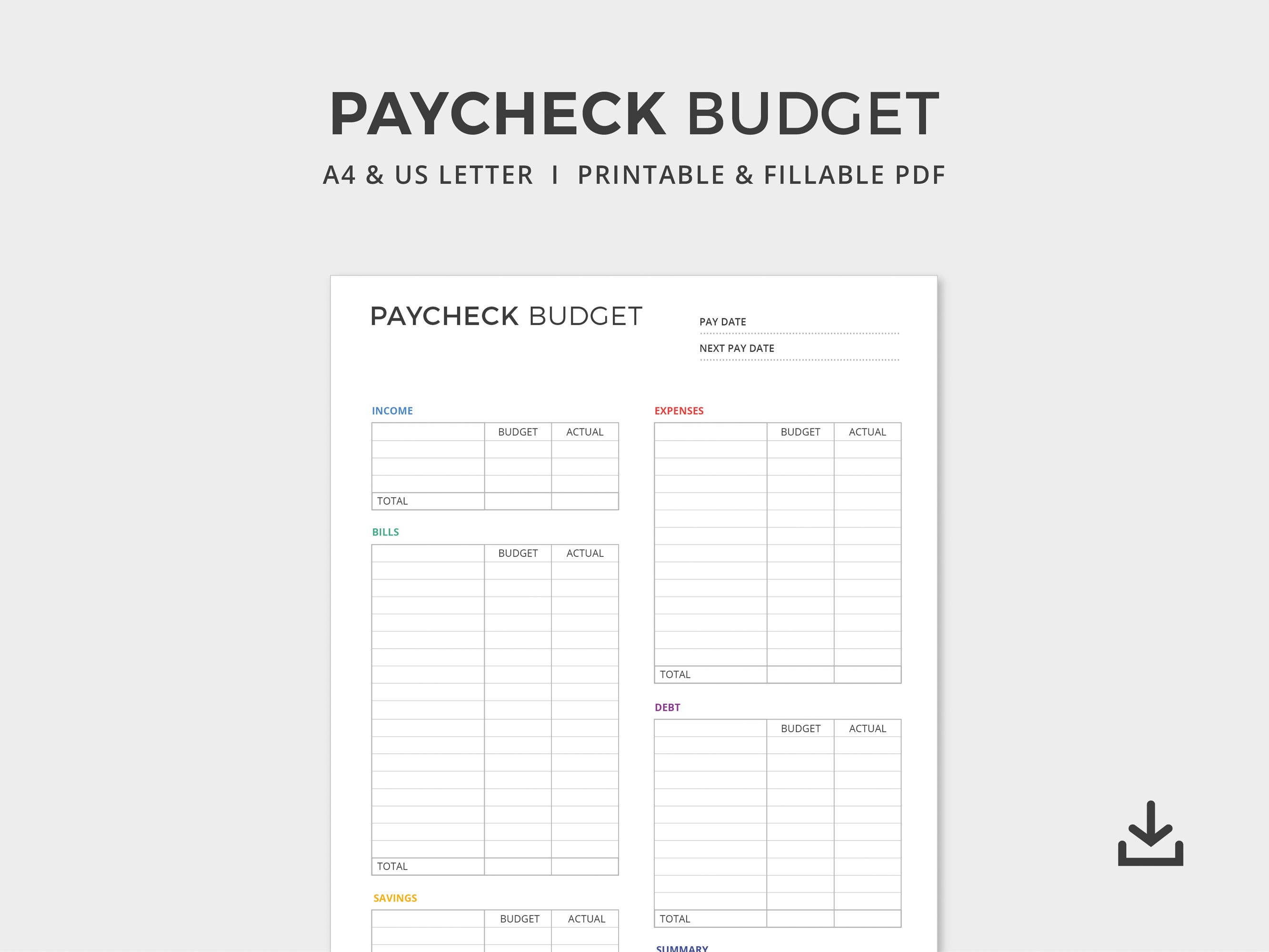Monthly Pay Check Routine Paycheck Budget Planner Printable / Editable PDF Paycheck List A4 & US ...