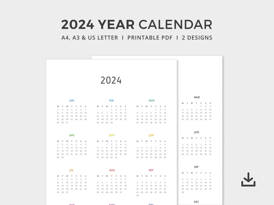 2024 Year Calendar PDF Printable PDF Year to View Calendar Rainbow