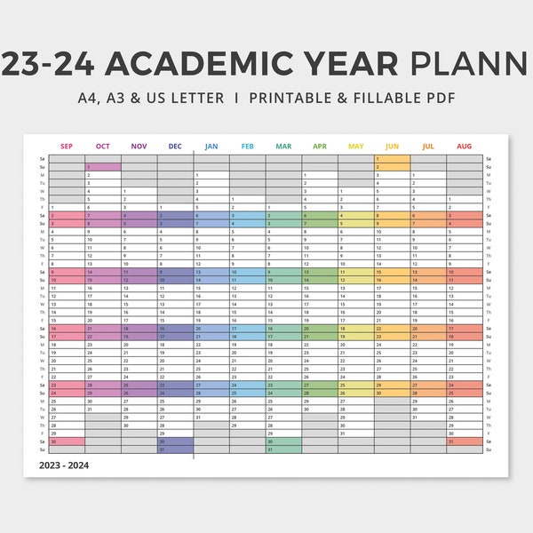 2023-2024 Academic Year Planner PDF | Printable / Editable | Minimalistic Rainbow Calendar | A4, A3 & US Letter | Instant Digital Download