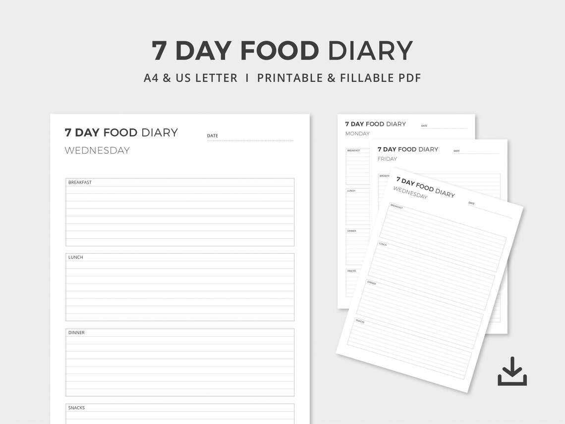 7 Day Food Diary | Printable / Editable PDF | Clear Design | A4 &amp; US ...