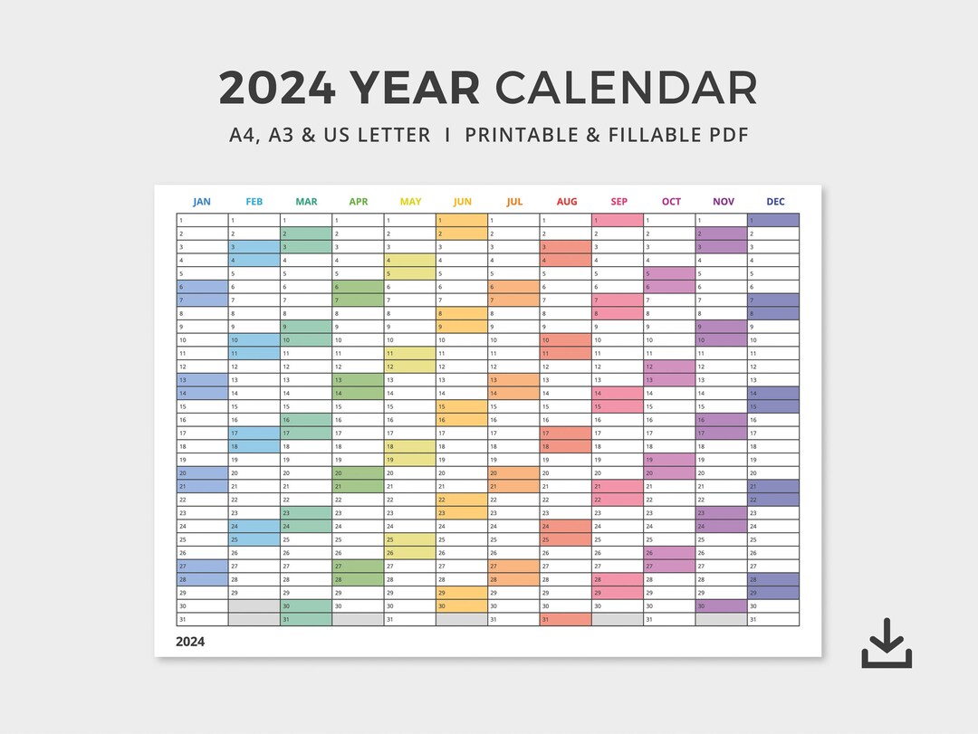 2024 Year Calendar PDF Printable and Fillable Editable Calendar Rainbow ...