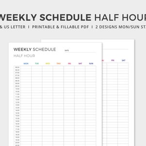 Half Hourly Week Schedule | Printable / Editable PDF | 30 mins weekly planner | A4 & US Letter | Hourly schedule | Instant Digital Download