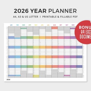 May include: A 2026 year planner with a colourful monthly layout. The planner includes A4, A3, and US Letter sizes, and is printable and fillable. A red circle with the text "BONUS A4 EXCEL DOCUMENT" is in the upper right corner.