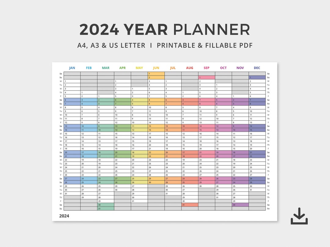 2024 Year Planner PDF Printable / Editable Minimalistic Rainbow