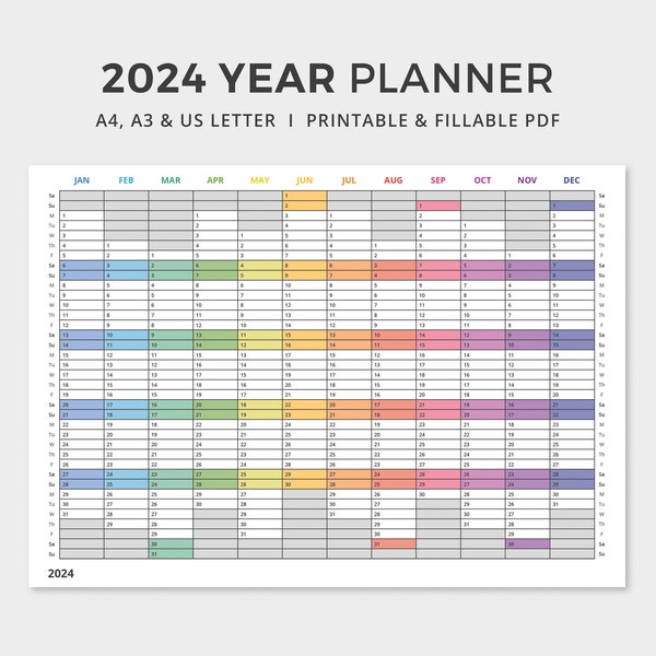 2024 Year Planner PDF | Printable / Editable | Minimalistic Rainbow Calendar | A4, A3 & US Letter | Instant Digital Download