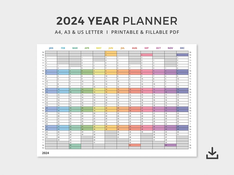2024 Year Planner PDF Printable / Editable Minimalistic Rainbow