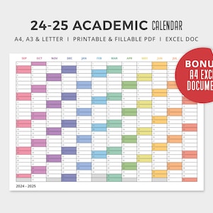 Calendario del año académico 2024-2025 PDF / Imprimible / Editable / Calendario arco iris minimalista / A4, A3 y carta de EE. UU. / Descarga digital instantánea