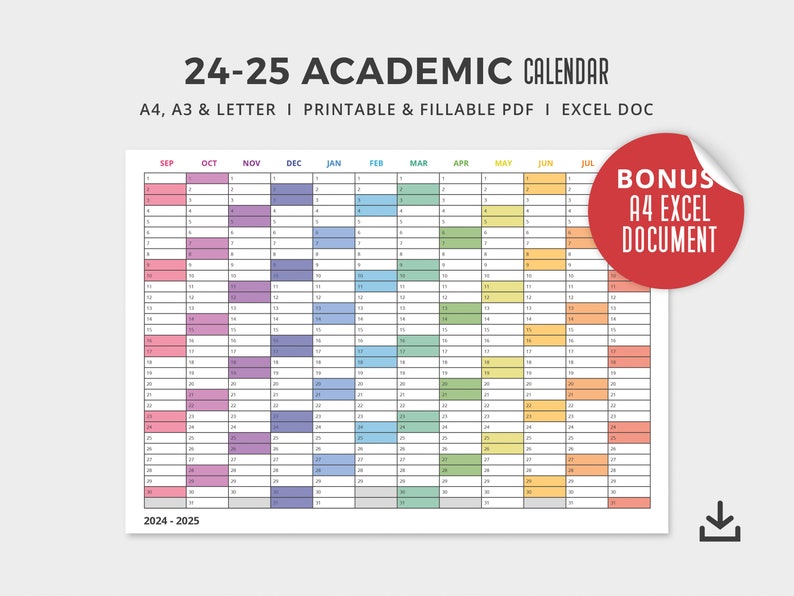 20242025 Academic Year Calendar PDF Printable / Editable Minimalistic